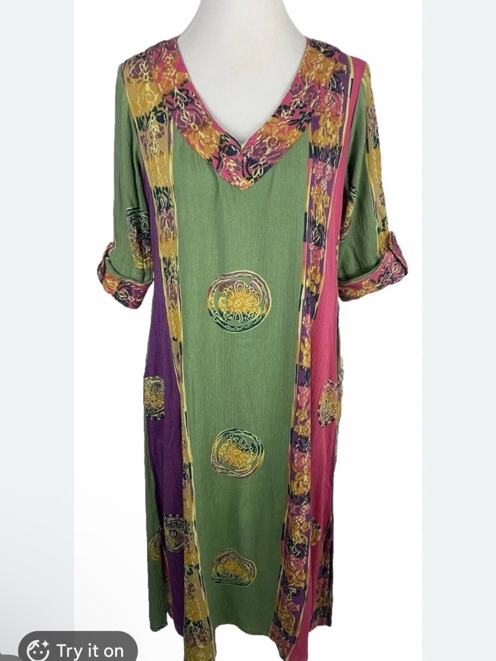 Soft Surroundings Floral Patchwork Dress in Pink, Purple & Olive